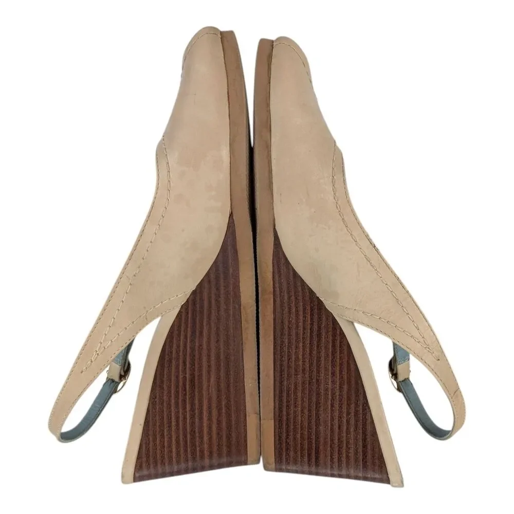 Etienne Aigner Scheme Beige Leather Peep-toe Slingback Wedge Sandals Size 7M